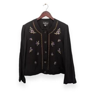 Vintage Carole Little Spring Flowers Embroidered Black Jacket Size 10